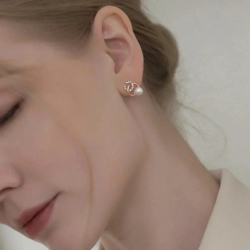 Diamond Studed Pearl C Earrings - Picture 4 of 5